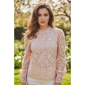 *CLOTH & PORTRAIT* Pink Romantic Sheer Lace Top Ruffle Neckline Women's  L